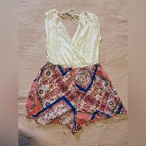 Cream Surplice Romper with Pink Floral Patchwork Skirt